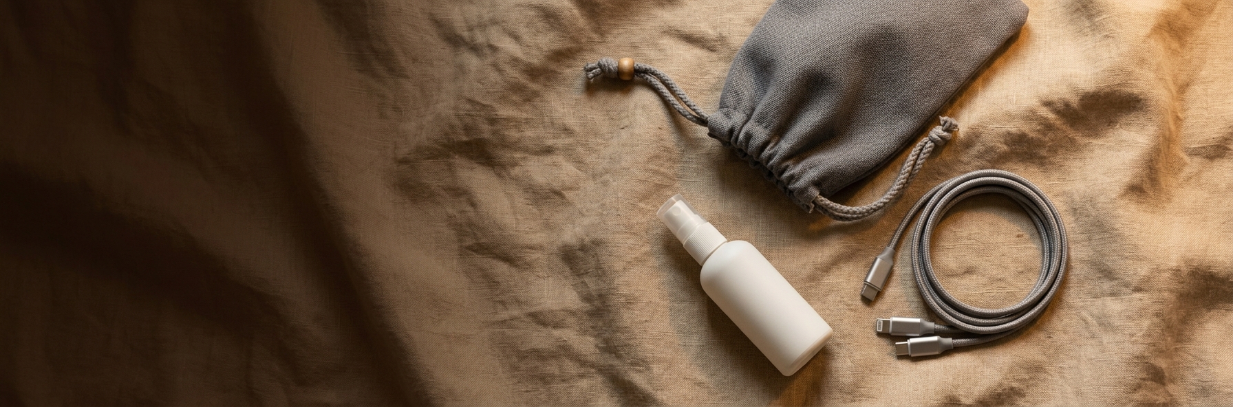 Flatlay på varmt linne: grå förvaringspåse i tyg, vit sprayflaska och en hoprullad laddkabel.